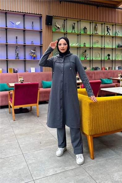 Kapşonlu Düğmeli Sade Basic Uzun Tunik ve Pantolon İkili Spor Takım - 03072.017 - Antrasit - Resim 10