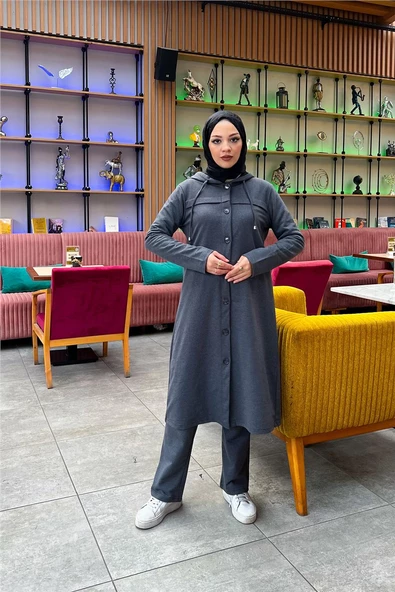 Kapşonlu Düğmeli Sade Basic Uzun Tunik ve Pantolon İkili Spor Takım - 03072.017 - Antrasit ürün görseli