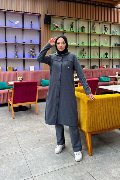 Kapşonlu Düğmeli Sade Basic Uzun Tunik ve Pantolon İkili Spor Takım - 03072.017 - Antrasit - Resim 9