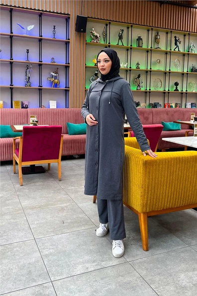 Kapşonlu Düğmeli Sade Basic Uzun Tunik ve Pantolon İkili Spor Takım - 03072.017 - Antrasit - Resim 6