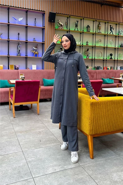 Kapşonlu Düğmeli Sade Basic Uzun Tunik ve Pantolon İkili Spor Takım - 03072.017 - Antrasit - Resim 7