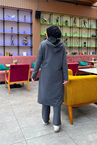 Kapşonlu Düğmeli Sade Basic Uzun Tunik ve Pantolon İkili Spor Takım - 03072.017 - Antrasit - Resim 11