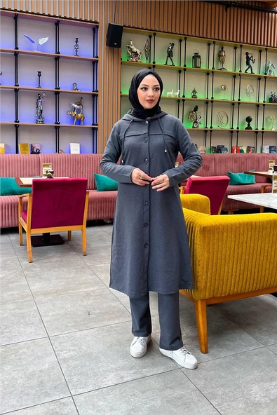 Kapşonlu Düğmeli Sade Basic Uzun Tunik ve Pantolon İkili Spor Takım - 03072.017 - Antrasit - Resim 4