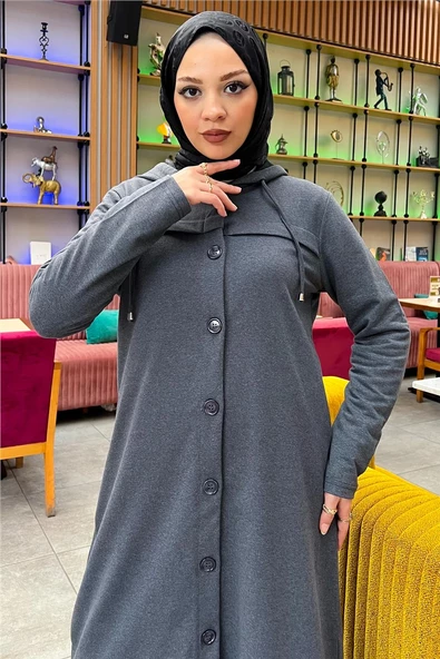 Kapşonlu Düğmeli Sade Basic Uzun Tunik ve Pantolon İkili Spor Takım - 03072.017 - Antrasit - Resim 12