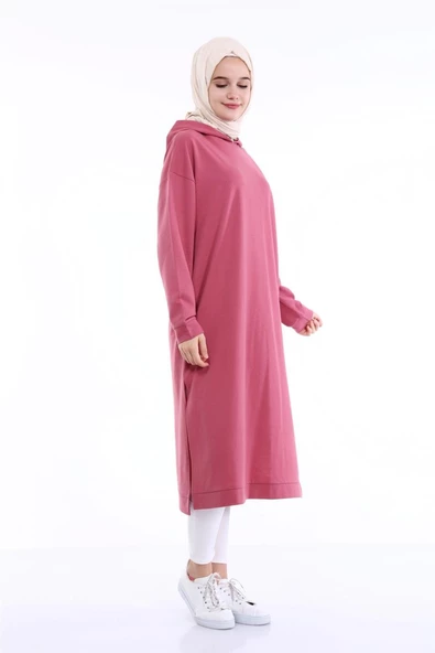 Atlas Kapşonlu Uzun Sade Basic Sweatshirt - 03007.101 - Gül Kurusu - 6