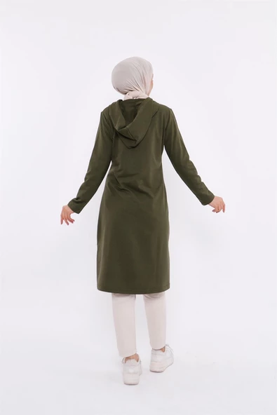 Eflin Yakadan Bağlamalı Kapşonlu Uzun Sweatshirt - 03030.005 - Haki - 4