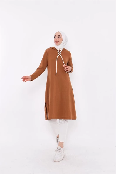 Eflin Yakadan Bağlamalı Kapşonlu Uzun Sweatshirt - 03030.038 - Taba