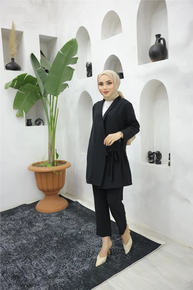 Yandan Bağlamalı Krep Ceket İkili Takım - 71194.003 - Siyah - 2