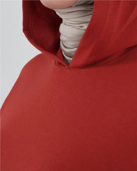 Atlas Kapşonlu Uzun Sade Basic Sweatshirt - 03007.030 - Kiremit - 4