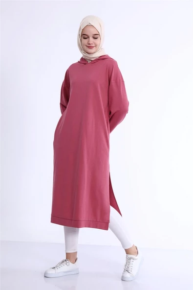 Atlas Kapşonlu Uzun Sade Basic Sweatshirt - 03007.101 - Gül Kurusu - 3