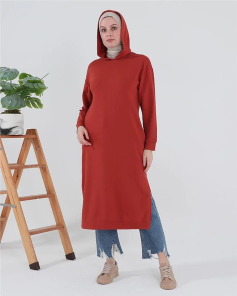 Atlas Kapşonlu Uzun Sade Basic Sweatshirt - 03007.030 - Kiremit - 8