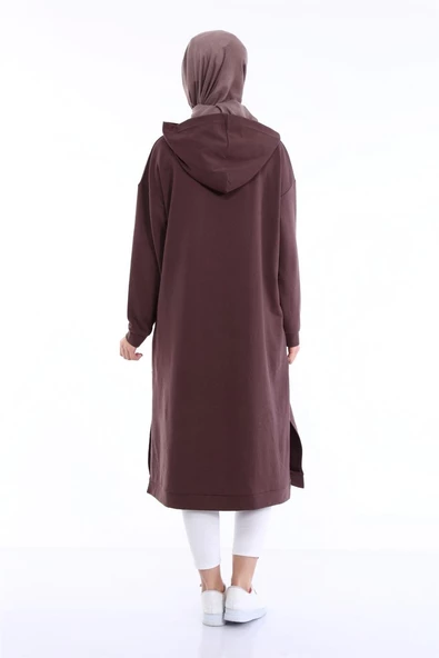 Atlas Kapşonlu Uzun Sade Basic Sweatshirt - 03007.028 - Kahverengi - 2