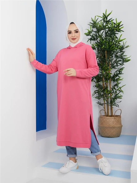 Atlas Kapşonlu Uzun Sade Basic Sweatshirt - 03007.014 - Pembe