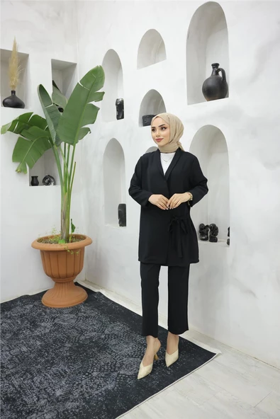 Yandan Bağlamalı Krep Ceket İkili Takım - 71194.003 - Siyah