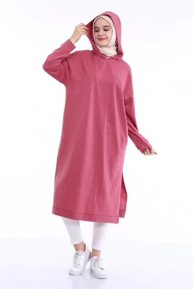 Atlas Kapşonlu Uzun Sade Basic Sweatshirt - 03007.101 - Gül Kurusu - 5