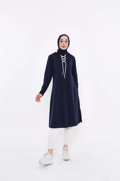 Eflin Yakadan Bağlamalı Kapşonlu Uzun Sweatshirt - 03030.015 - Lacivert