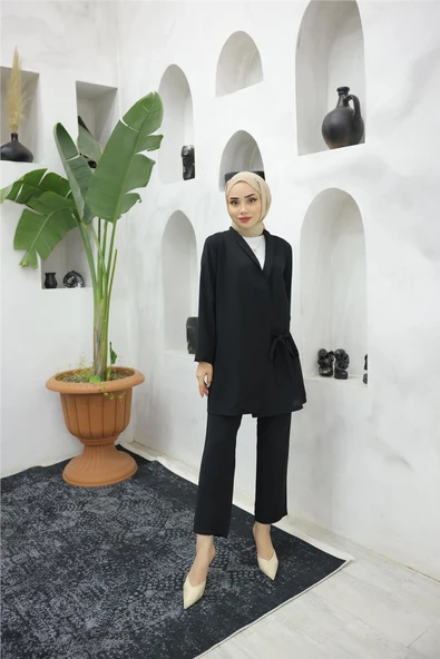 Yandan Bağlamalı Krep Ceket İkili Takım - 71194.003 - Siyah - 4