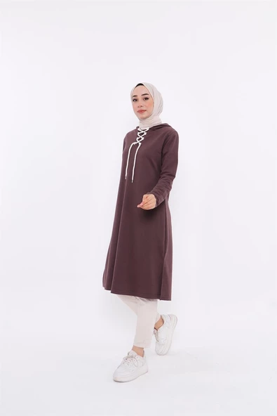 Eflin Yakadan Bağlamalı Kapşonlu Uzun Sweatshirt - 03030.028 - Kahverengi - 2