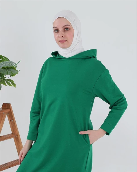 Atlas Kapşonlu Uzun Sade Basic Sweatshirt - 03007.111 - Benetton Yeşil - 4