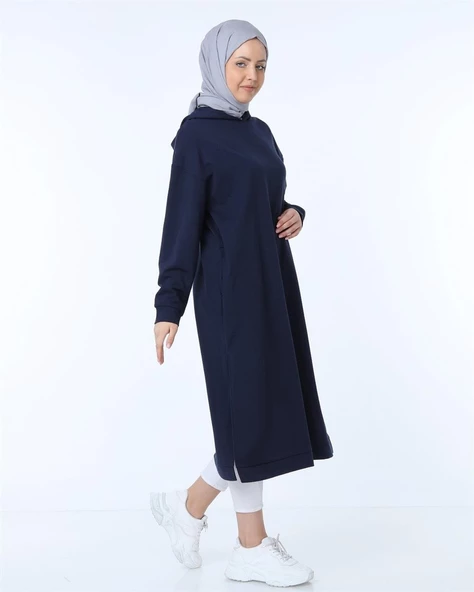 Atlas Kapşonlu Uzun Sade Basic Sweatshirt - 03007.015 - Lacivert - 3