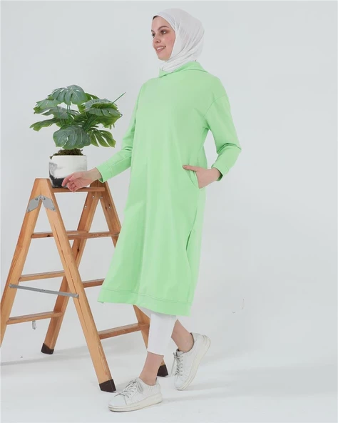 Atlas Kapşonlu Uzun Sade Basic Sweatshirt - 03007.203 - Açık Yeşil - 5