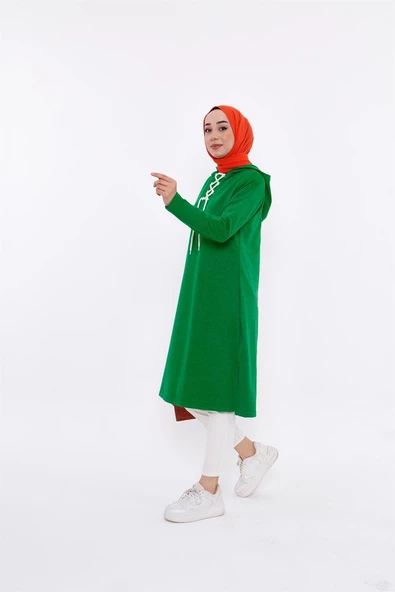 Eflin Yakadan Bağlamalı Kapşonlu Uzun Sweatshirt - 03030.111 - Beneton Yeşil - 2