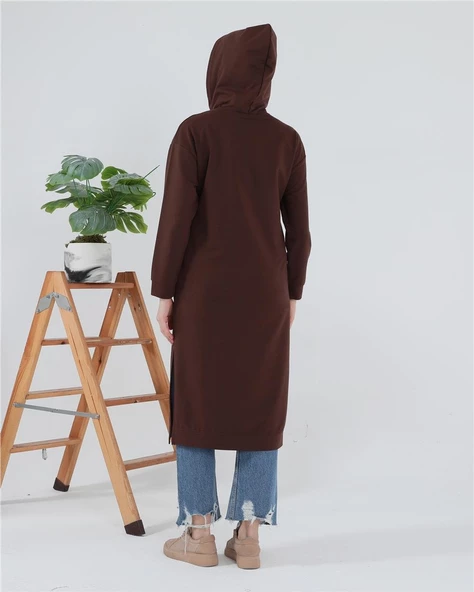 Atlas Kapşonlu Uzun Sade Basic Sweatshirt - 03007.020 - Mürdüm - 6