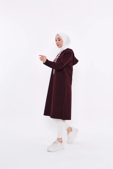 Eflin Yakadan Bağlamalı Kapşonlu Uzun Sweatshirt - 03030.020 - Mürdüm - 2