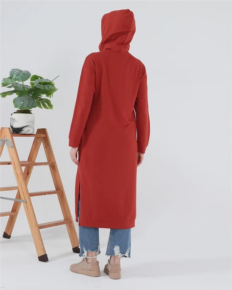 Atlas Kapşonlu Uzun Sade Basic Sweatshirt - 03007.030 - Kiremit - 7