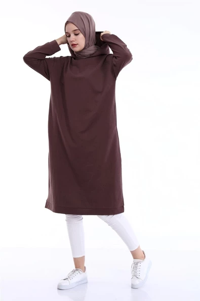 Atlas Kapşonlu Uzun Sade Basic Sweatshirt - 03007.028 - Kahverengi - 7