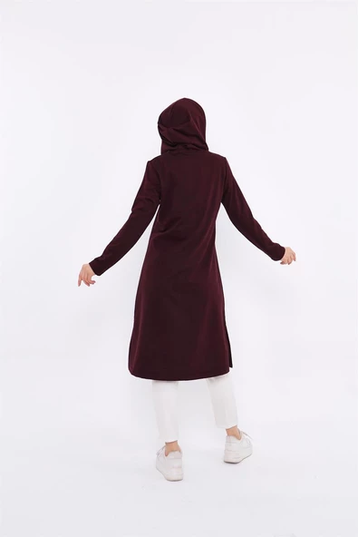 Eflin Yakadan Bağlamalı Kapşonlu Uzun Sweatshirt - 03030.020 - Mürdüm - 3