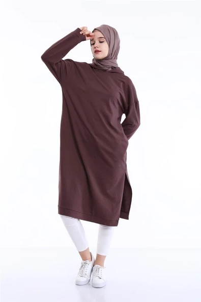 Atlas Kapşonlu Uzun Sade Basic Sweatshirt - 03007.028 - Kahverengi - 6