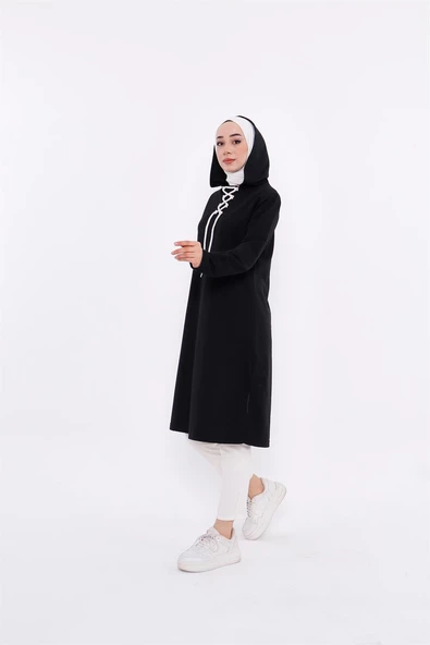 Eflin Yakadan Bağlamalı Kapşonlu Uzun Sweatshirt - 03030.003 - Siyah - 4