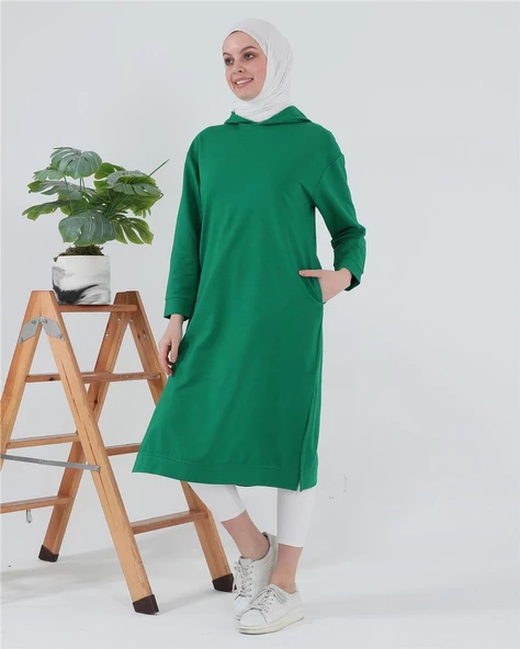 Atlas Kapşonlu Uzun Sade Basic Sweatshirt - 03007.111 - Benetton Yeşil - 11