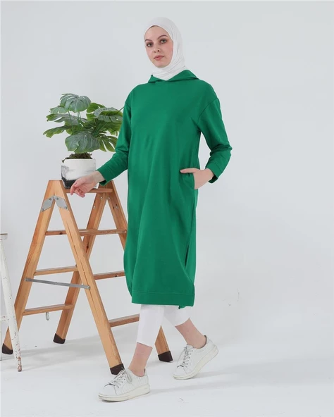 Atlas Kapşonlu Uzun Sade Basic Sweatshirt - 03007.111 - Benetton Yeşil - 12