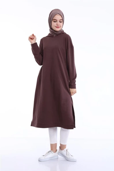 Atlas Kapşonlu Uzun Sade Basic Sweatshirt - 03007.028 - Kahverengi - 3