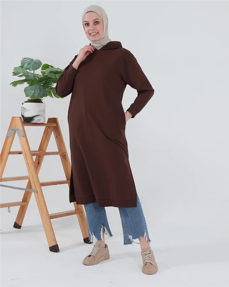 Atlas Kapşonlu Uzun Sade Basic Sweatshirt - 03007.020 - Mürdüm - 9