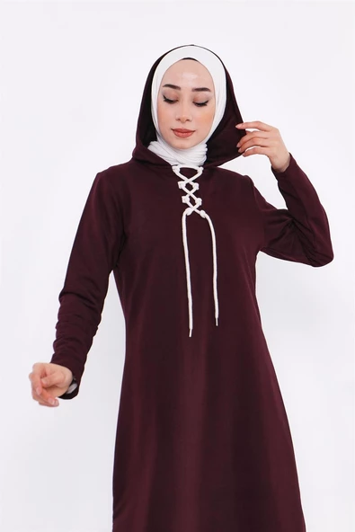 Eflin Yakadan Bağlamalı Kapşonlu Uzun Sweatshirt - 03030.020 - Mürdüm - 4