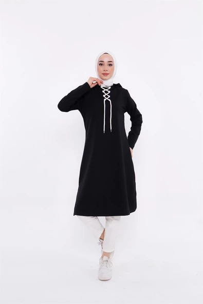 Eflin Yakadan Bağlamalı Kapşonlu Uzun Sweatshirt - 03030.003 - Siyah