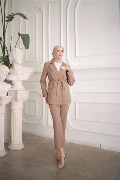 Belden Bağcıklı Kruvaze Ceket Takım - 50021.016 - Vizon - Resim 5