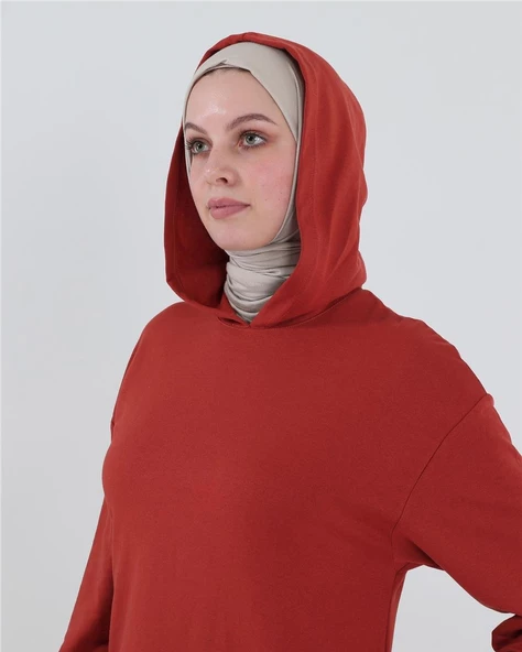 Atlas Kapşonlu Uzun Sade Basic Sweatshirt - 03007.030 - Kiremit - 5