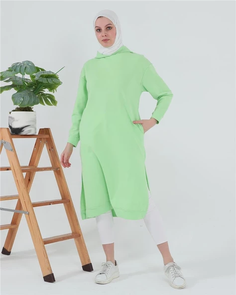Atlas Kapşonlu Uzun Sade Basic Sweatshirt - 03007.203 - Açık Yeşil - 4