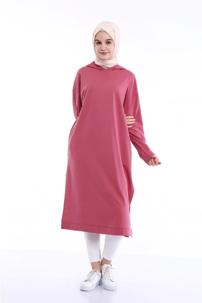 Atlas Kapşonlu Uzun Sade Basic Sweatshirt - 03007.101 - Gül Kurusu