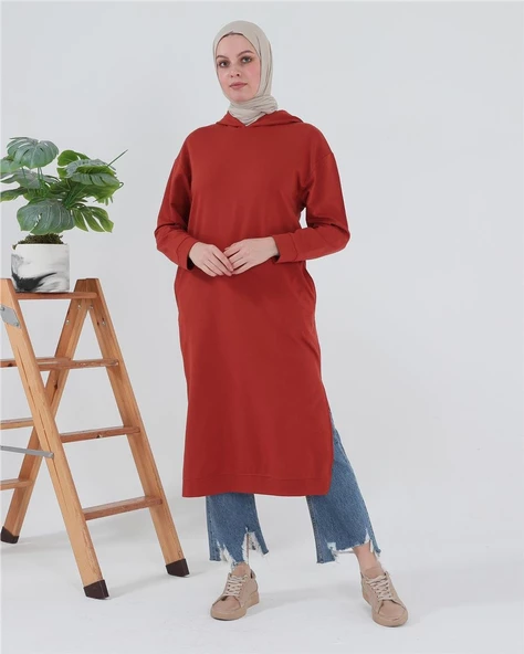 Atlas Kapşonlu Uzun Sade Basic Sweatshirt - 03007.030 - Kiremit - 11