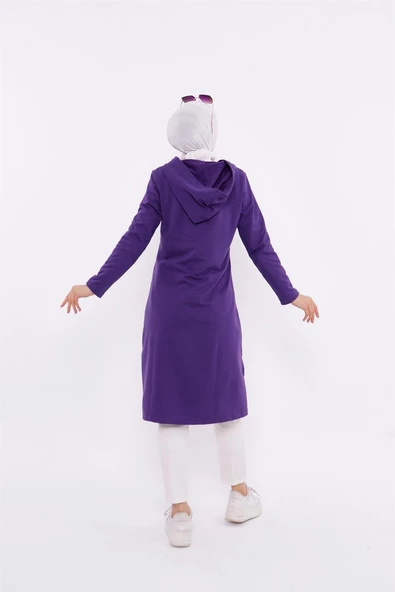 Eflin Yakadan Bağlamalı Kapşonlu Uzun Sweatshirt - 03030.013 - Mor - 3
