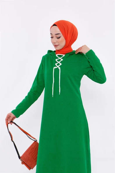 Eflin Yakadan Bağlamalı Kapşonlu Uzun Sweatshirt - 03030.111 - Beneton Yeşil - 5