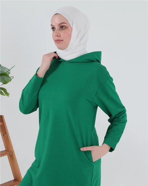 Atlas Kapşonlu Uzun Sade Basic Sweatshirt - 03007.111 - Benetton Yeşil - 5