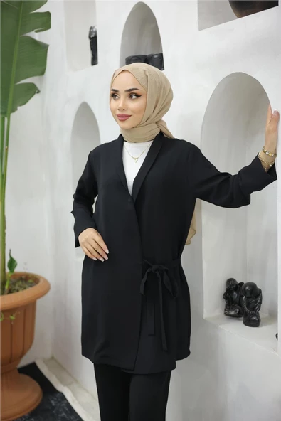 Yandan Bağlamalı Krep Ceket İkili Takım - 71194.003 - Siyah - 6