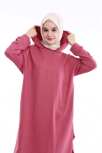 Atlas Kapşonlu Uzun Sade Basic Sweatshirt - 03007.101 - Gül Kurusu - 8