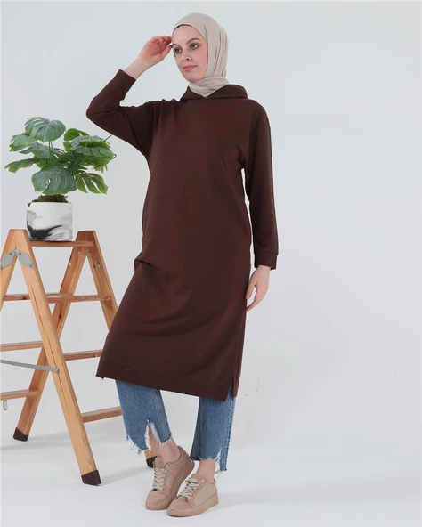Atlas Kapşonlu Uzun Sade Basic Sweatshirt - 03007.020 - Mürdüm - 8